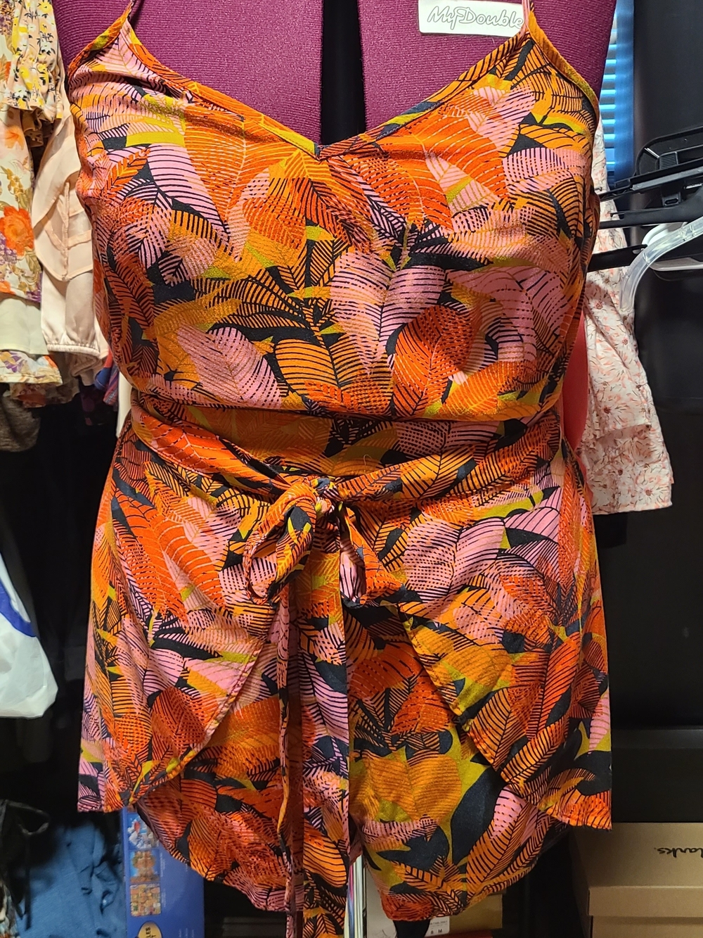 City Chic Tropical Leaf Tie-Waist Romper β Orange Pink Black